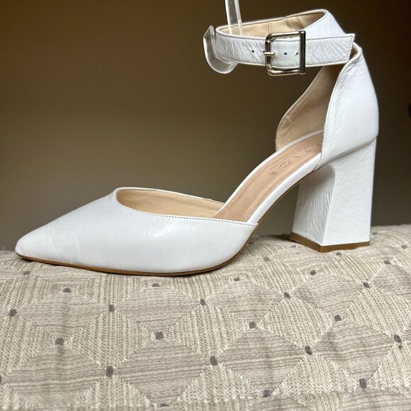 Office London White Leather Block Heel Pump Ankle Strap Pointed Toe EU 37 US 6.5 - Picture 1 of 16